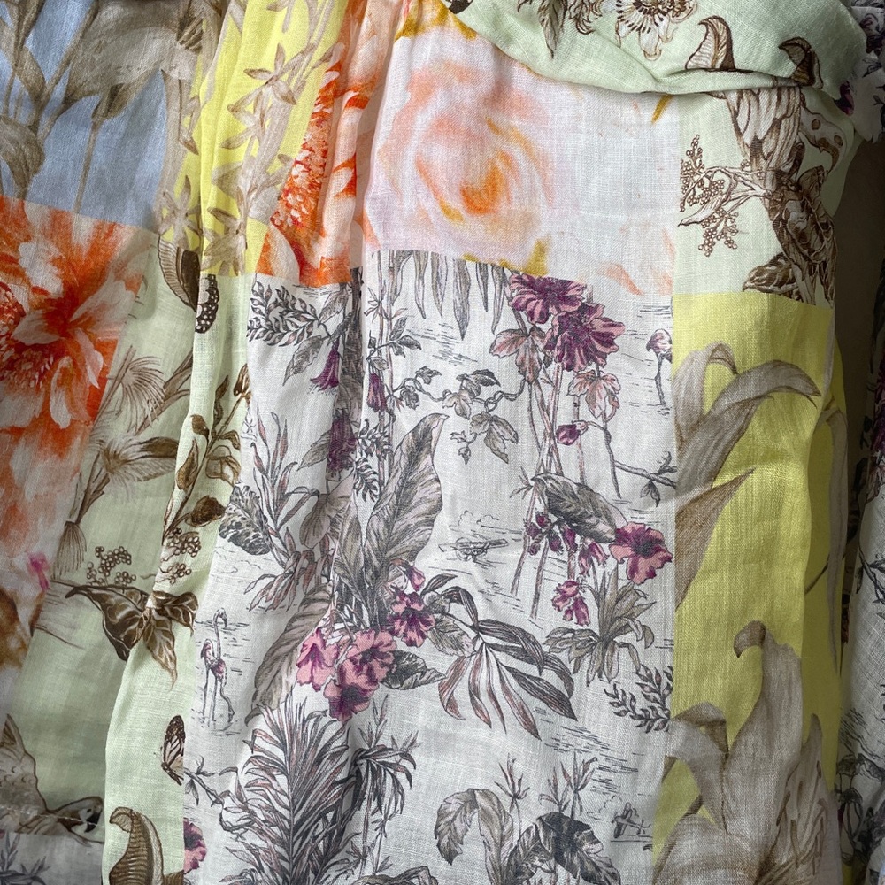 Banana Republic Ramie Floral Bird Twist Front sheer A-line sweetheart neck top L - Picture 6 of 11